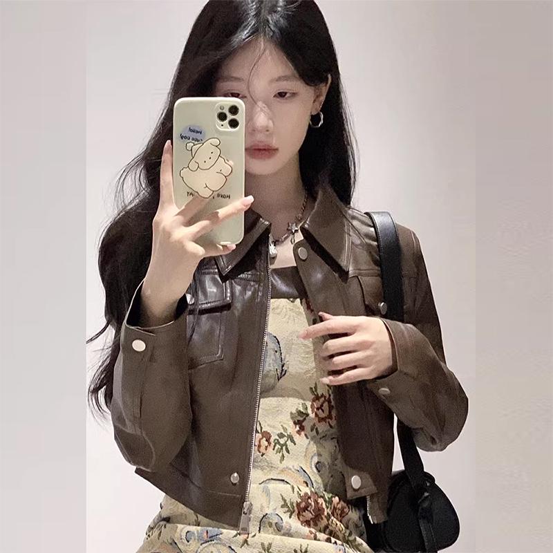 

Women s Brown PU Leather Motorcycle Jacket - 2025 Hong Kong Style, Slimming Petite M 50-55kg коричневий