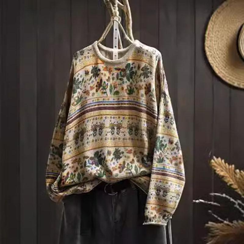 

Женский Осенне-Весновой Винтажный О-Образный Вырез Повседневный Свободный Ретро Свитер Длинные Рукава Принт Свитер One Size хаки