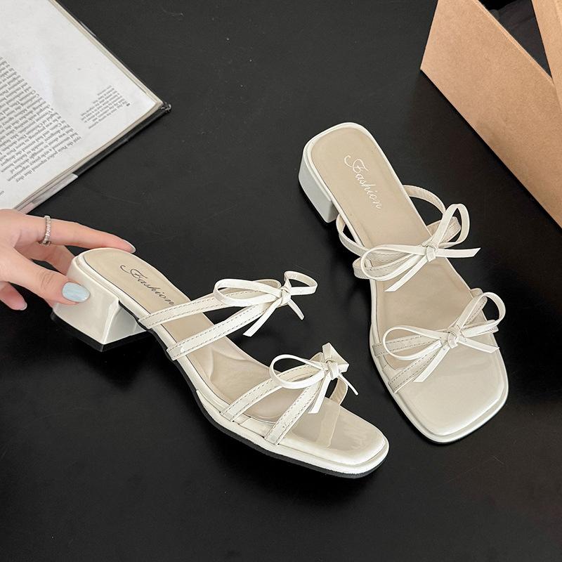 High heels women's outer wear 2025 summer new versatile niche French fashion bow thick heel slippers women's sandals