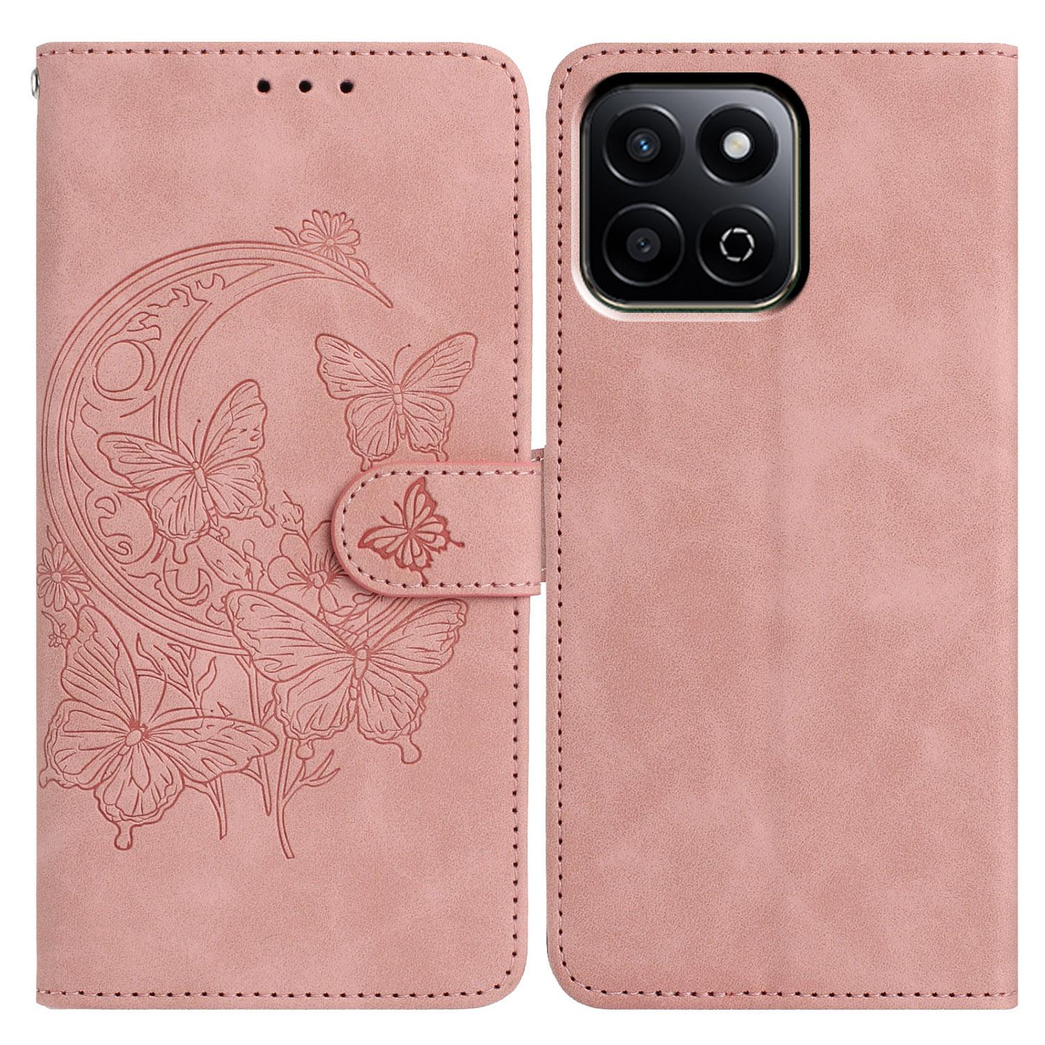 

For Honor 200 Smart 5G Case Butterfly Flower Imprinted PU Leather Wallet Stand Phone Cover Rose Gold