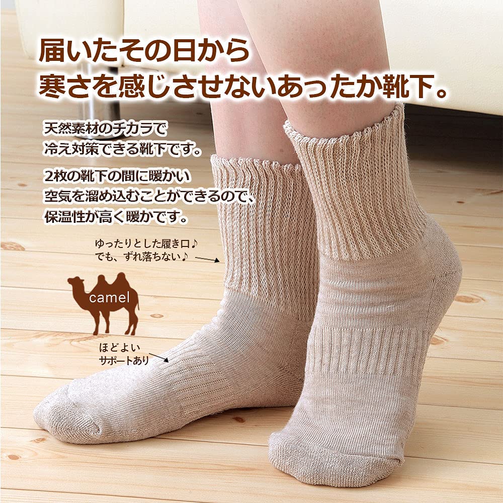 Camel Silk Made In Authentic Camelya Bonus Warm Natural Camel Cotton & Double-Knit Socks, Unisex, 2-Pair Set, Japan, Tennen-ya Product, Included,