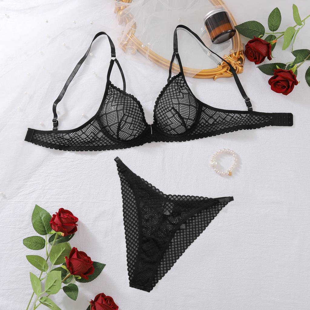 Low Cut Gathered Bra Set  Mesh Hollow Out Lingerie Two Piece For Women Bras & Bra Sets