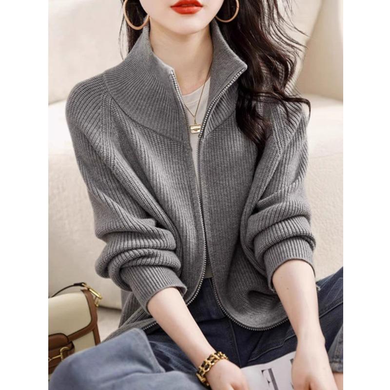 Autumn/Winter Fashion Cardigan Knitted Women Sweater Elegant Long Sleeve Zipper Loose Casual Office Top New Stand Collar Jacket