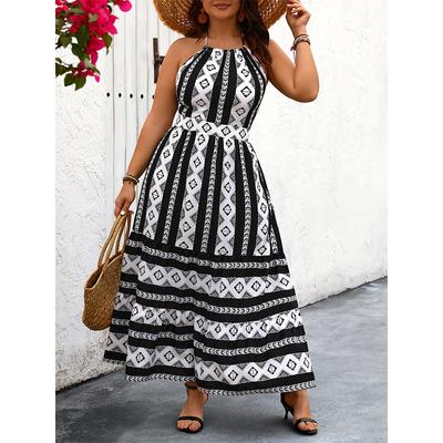 Halter Neck Dress for Women Print Patchwork High Waist Shoulderless Backless Bowknot Long Dress Summer Beach Vacation Casual Fashion Plus Maxi Dress