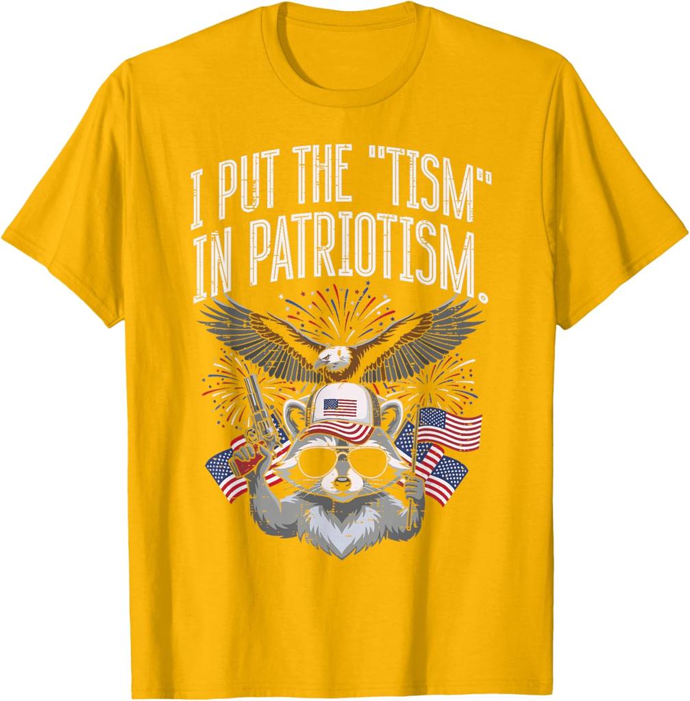 I Put The Tism In Patriotism Raccoon Funny Graphic Print Round Neck Cotton T Shirt Casual Tops