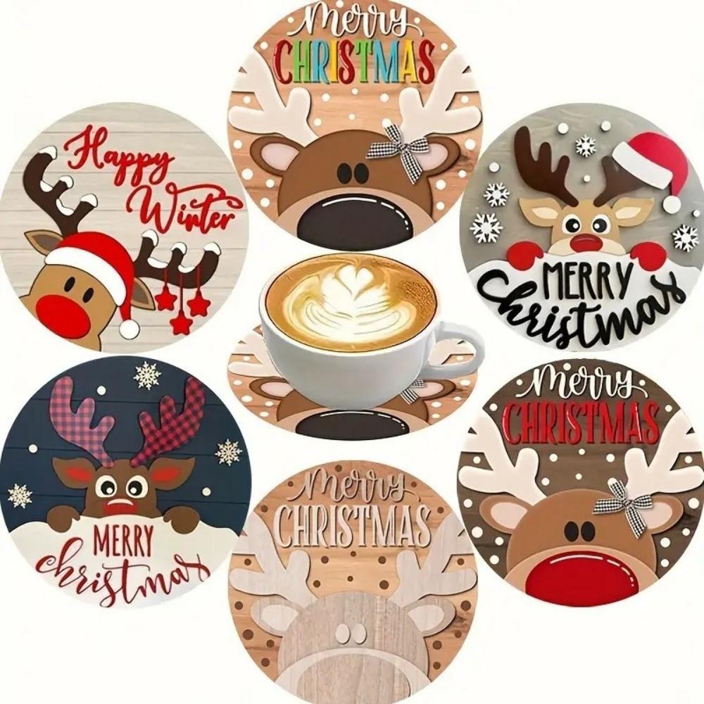 6pcs Snowman Santa Claus Coaster Wooden Coffee Cup Mat Christmas Drink Coaster  Christmas Party