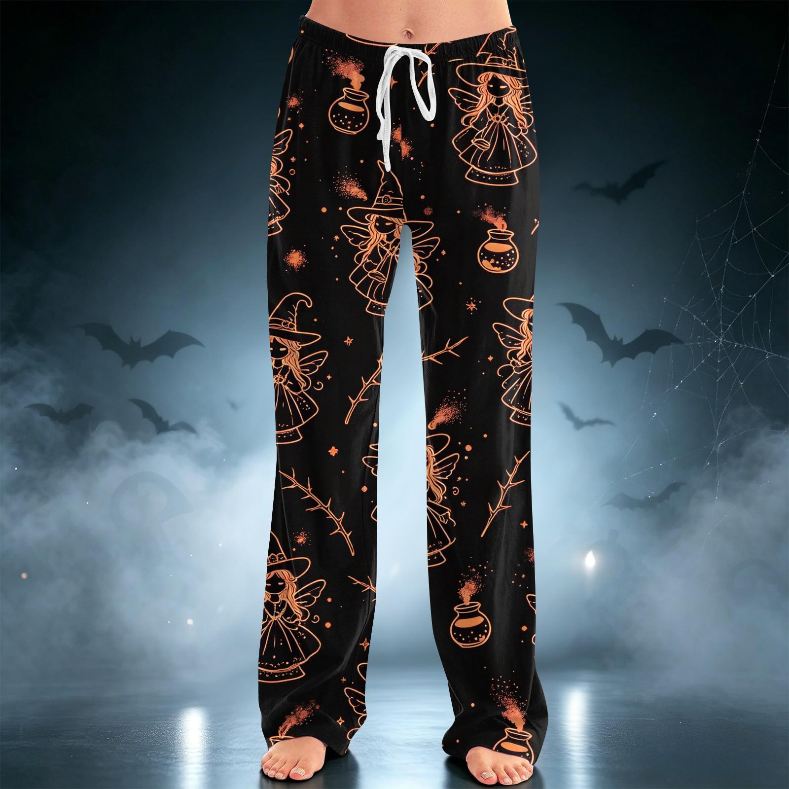 Women s Halloween Print Drawstring Wide Leg Pants for Casual M