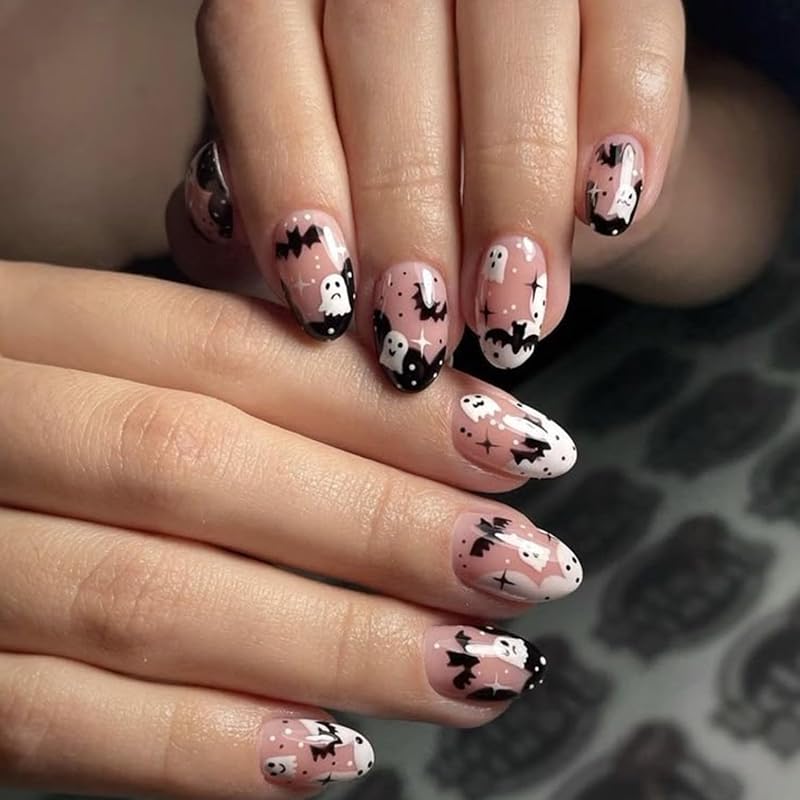 Short Almond Press on Nails Halloween Fake Nails Gothic Bat Acrylic Nail Cute Ghost False Nail with Purple Glitter Design Goth Halloween Nails Press