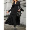 Autumn Fashion Style Fashion Commuter Ol Pure Color V-neck Waist-Controlled Slimming Temperament Long Sleeve Large Swing Dress Dress Dress