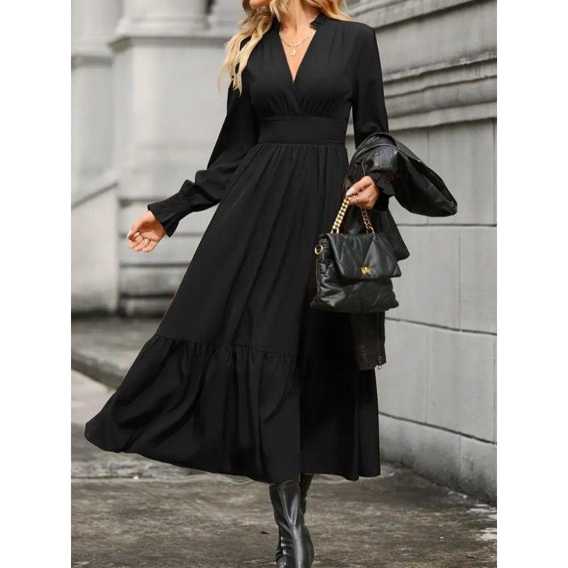 Autumn Fashion Style Fashion Commuter Ol Pure Color V-neck Waist-Controlled Slimming Temperament Long Sleeve Large Swing Dress Dress Dress