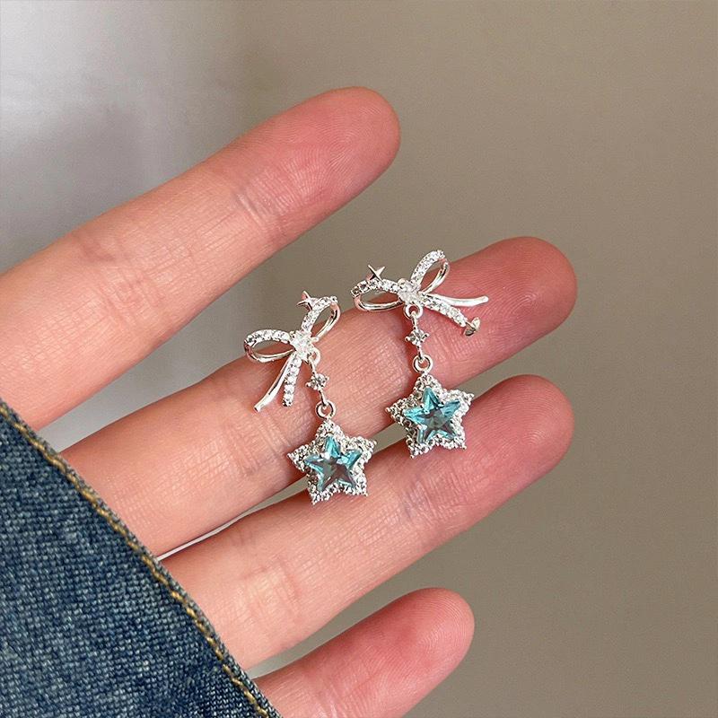Y2K Shiny Zircon Star Bow Earrings For Women Fashion Exquisite Elegant Pentagram Ear Studs Sweet Girls Jewelry Accessories Gift