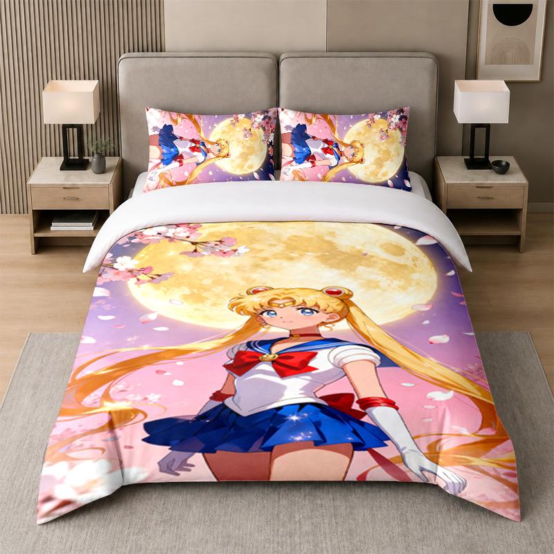 3-teiliges Bettwäsche-Set, Sailor Moon 1 Bettbezug und 2 Kissenbezüge, Bedruckte Bettwäsche-Dekoration für Gästezimmer