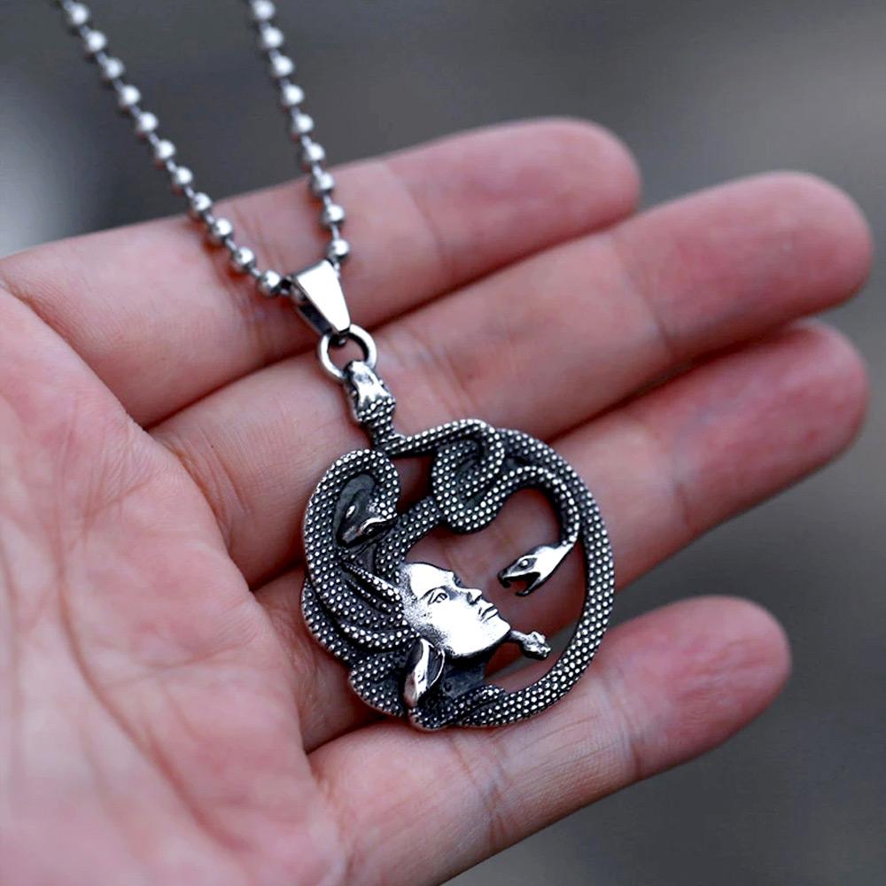 Punk Gothic Greek Mythology Snake Medusa Head Pendant Necklace Men Women Stainless Steel Chain Necklace Fashion Amulet Jewelry