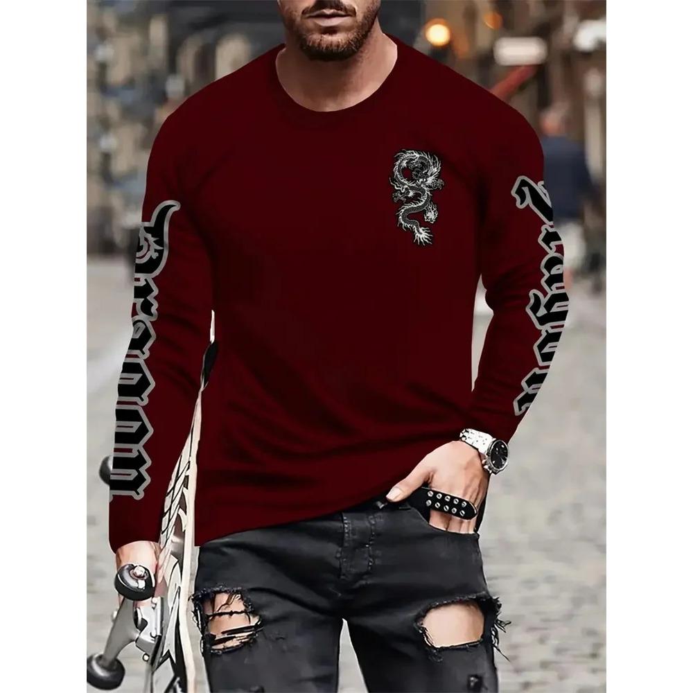 Simple Longteng Print Autumn Fashion Crewneck Men's Long Sleeve T-shirt Outdoor Street Fashion Top Everyday Casual Comfort
