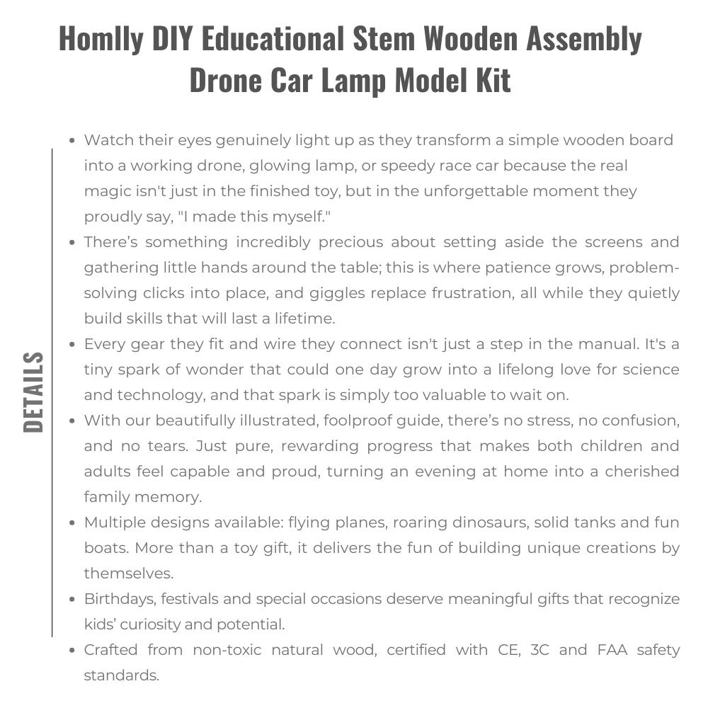 Homlly DIY Educational Stem Wooden Assembly Drone Car Lamp Model Kit