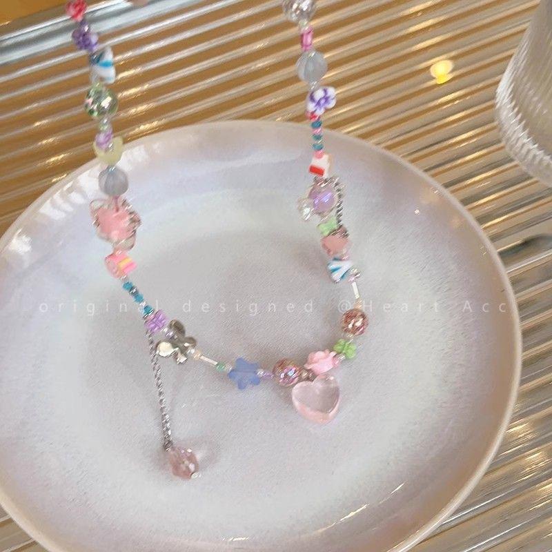 Cute Sweet Girl Colored Beaded Candy Necklace Female Niche Design Sense Neck Chain Dopamine Sweet Cool Babes Collarbone Chain