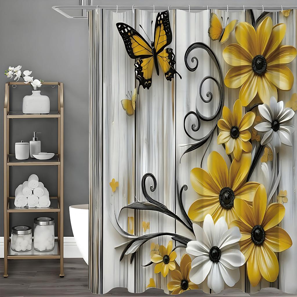 Yellow and White Flower Butterfly Wooden Panel Shower Curtain, Bathroom Decorative Shower Curtain, Waterproof Shower Curtain Wit