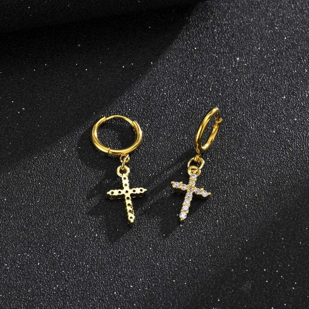 Men's Gold Color Cross Earrings, Bling Cubic Zirconia Stones Dangle Earring Gifts for Him Jewelry, Brincos Masculinos
