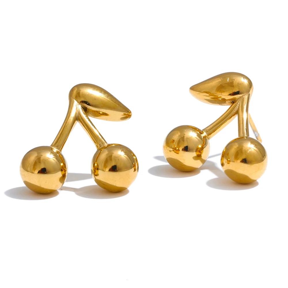 

New Fashion Stainless Steel Metal Cherry Golden Stud Earrings for Women 18K PVD Plated Wholesale Waterproof Charm Zircon Gifts