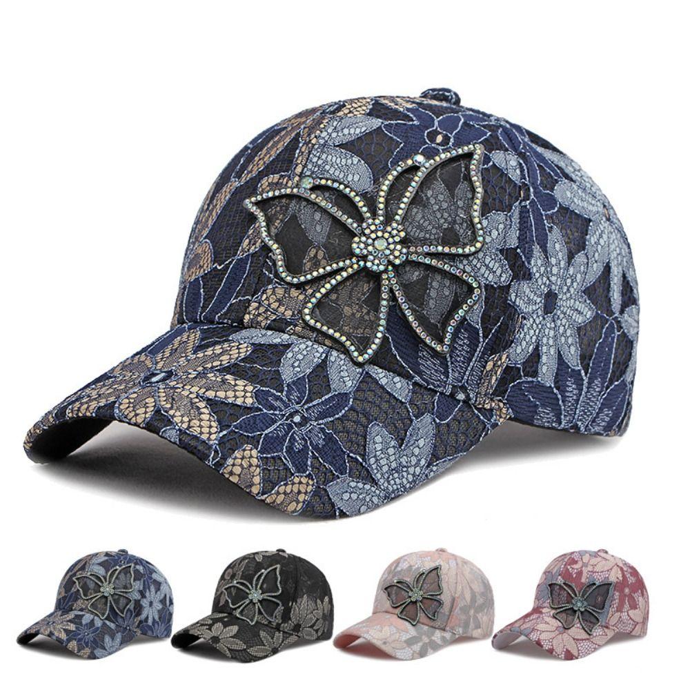 Atmungsaktive Spitze Floral Baseballkappe Netz Verstellbar Strass Schmetterling Baseballhut Outdoor Sonnenhut Für Mann Frau Unisex