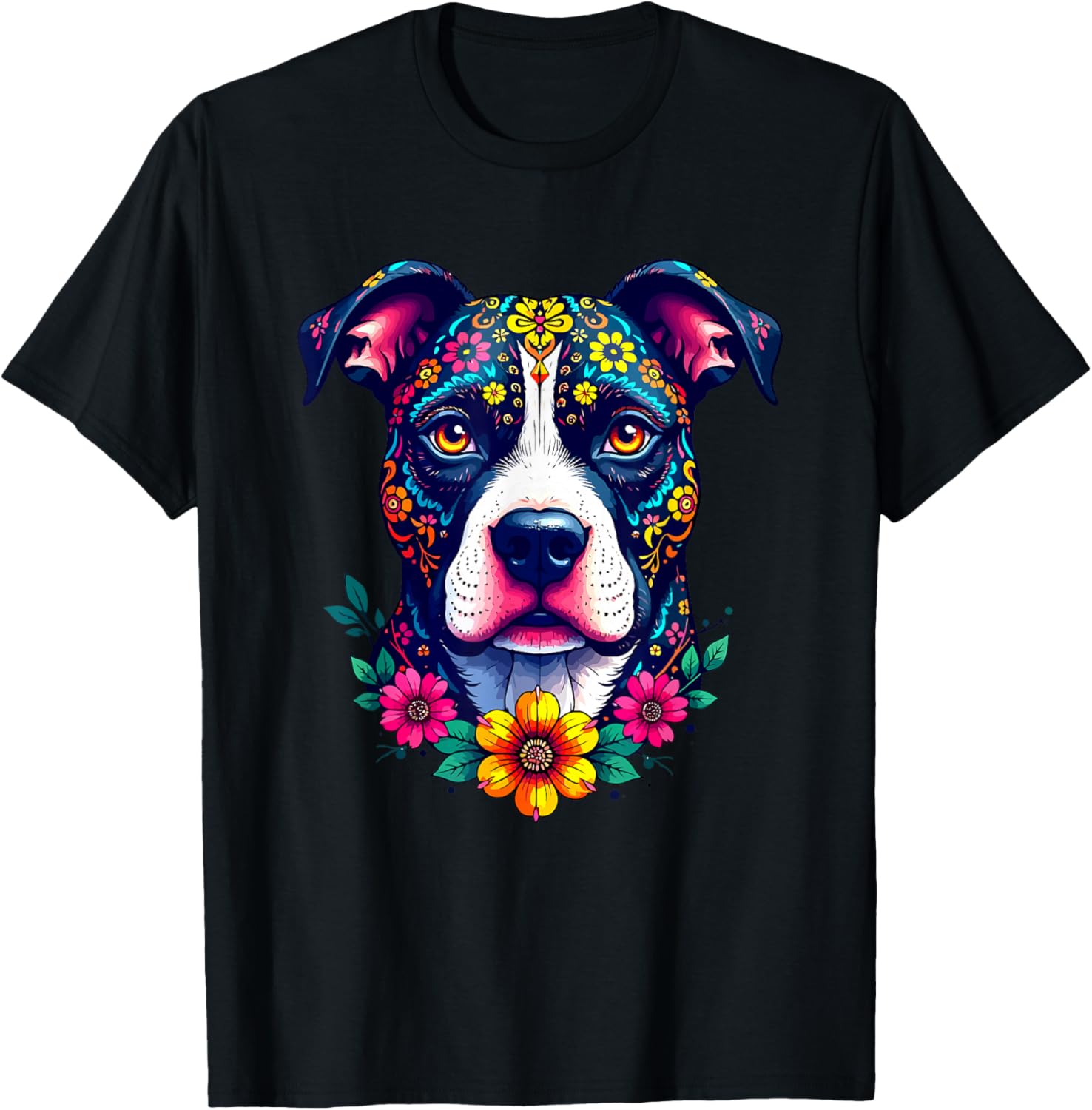 Mexican Sugar Skull Pitbull Dog Dia de Muertos Halloween Day T-Shirt S