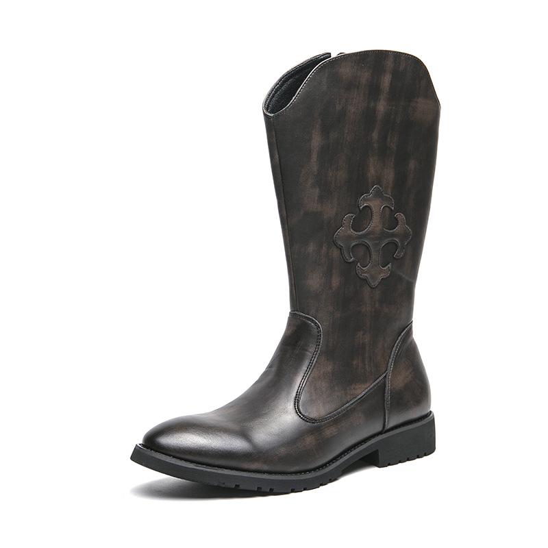Bottes Western Cowboy en Cuir Mi-Mollet Style Européen & Américain pour Homme avec Fermeture Éclair