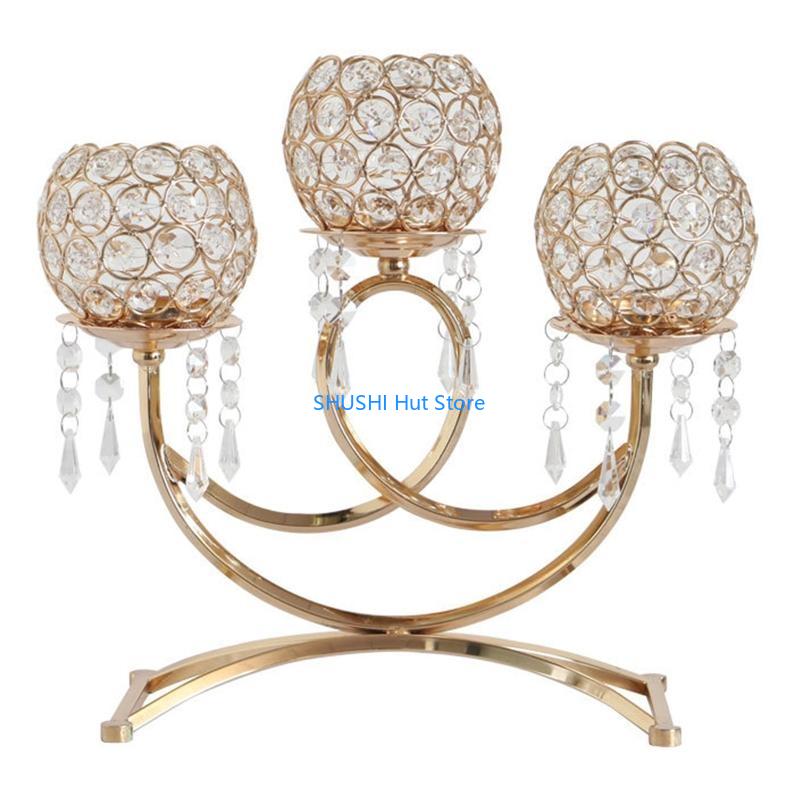 Crystal 3 Arms Candlestick Holders Ornaments Table Centerpieces for Wedding D57B золотой