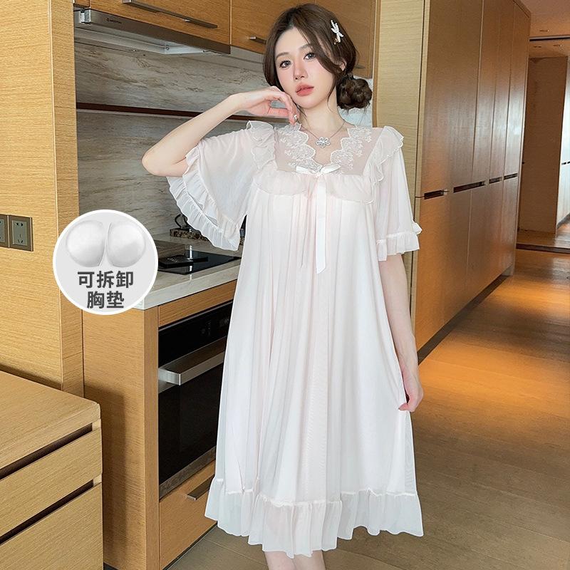 Summer Style Solid Color Lace Bow Mesh Court Princess Style Medium Long Nightdress Pajamas Loungewear