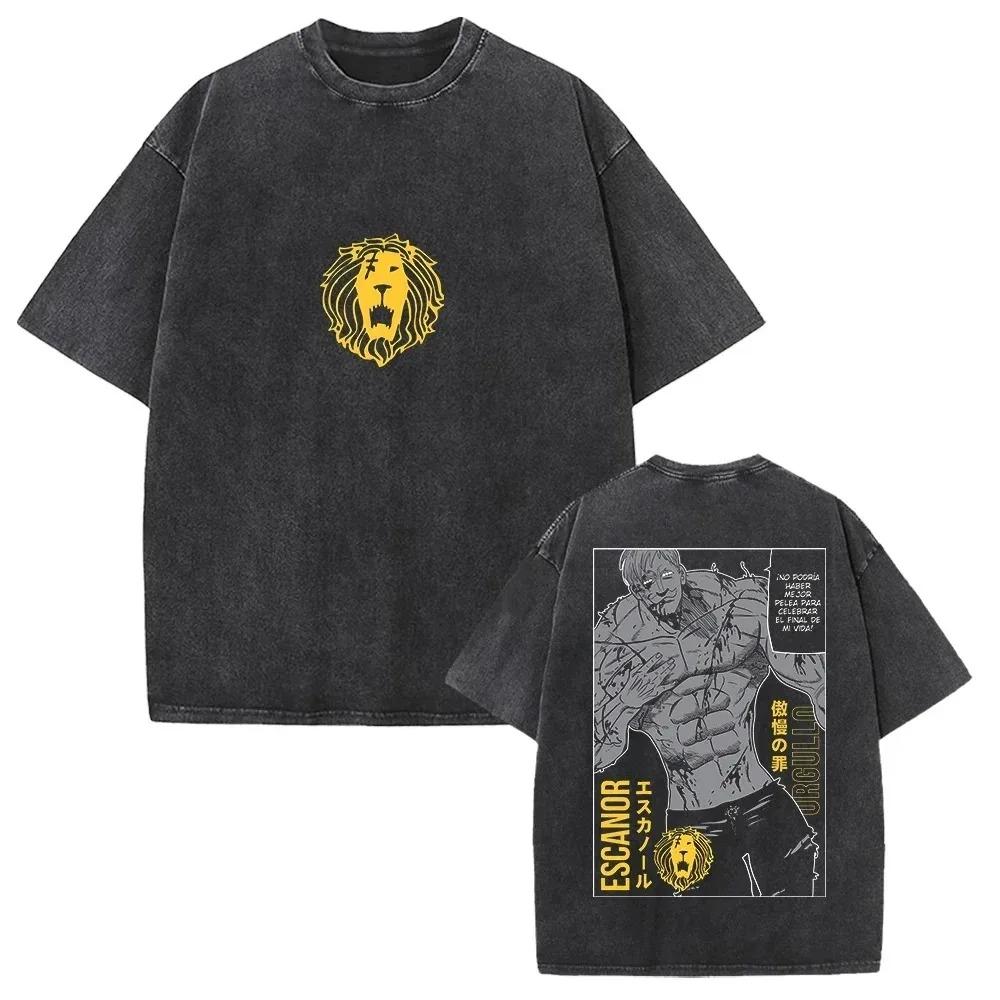 Japanischer Anime Die Sieben Todsünden Print Mann Frau Baumwolle Vintage Gewaschenes T-Shirt Sommer Retro Locker Harajuku Y2K Oberteil