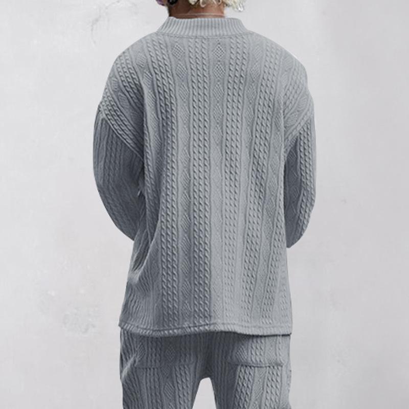 Men Casual Loose V Neck Long Sleeve Jacquard Knit Pullover Top