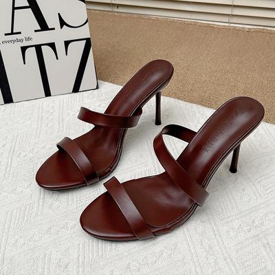Square Head Thin Heel Cool Slippers Women's Wear 2025 Summer New Versatile One-word Sandals Fashion Medium Heel Open-toed Women's Shoes