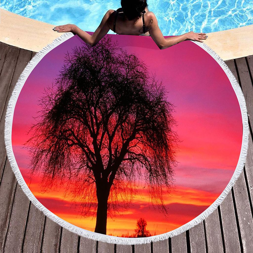 Big Tree Print Round Beach Towels, Polyester Sand Resistant Shawl Beach Blanket,Soft Absorbent Quick Dry Pool Towel Picnic Mat