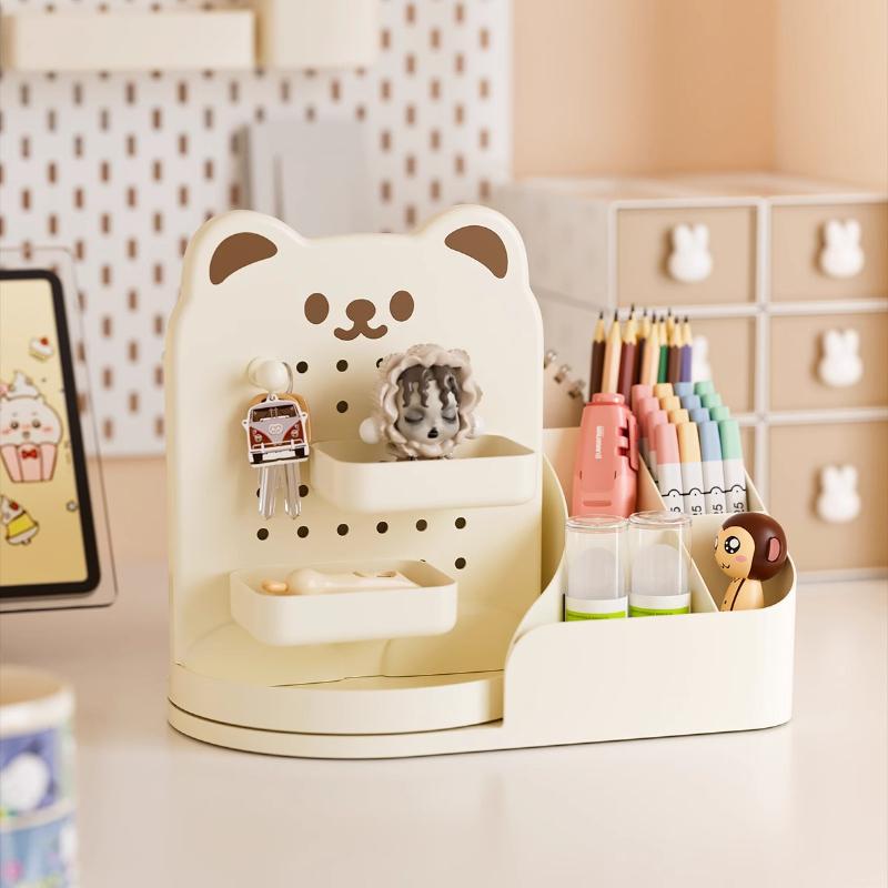 

360° Rotating Bear Desktop Hole Board Organizer Rack Table Stationery Cosmetics Storage Drawer Multi-compartment Lipstick Boxes жовтий
