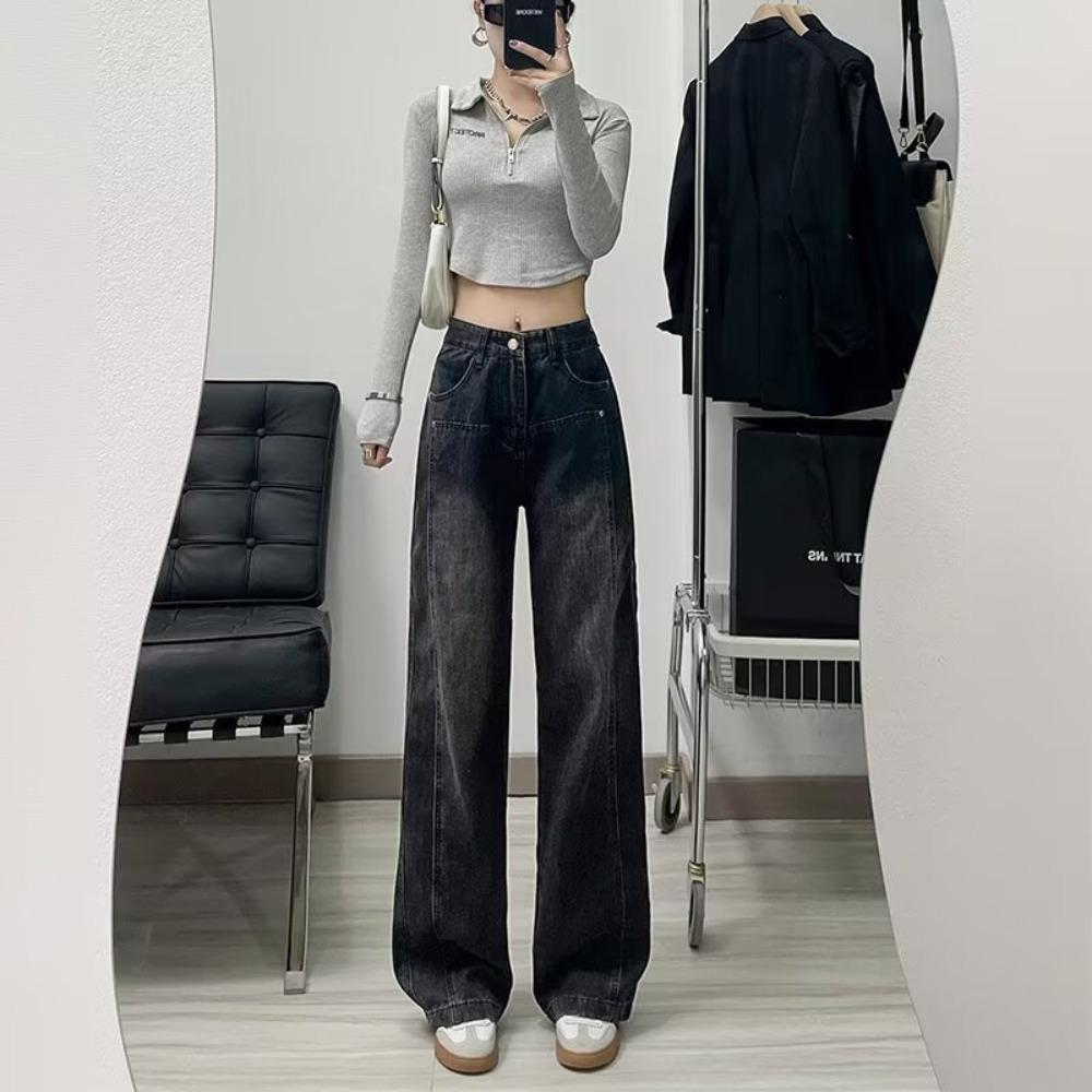 Trendy High-waisted Wide-leg Jeans for Women's Spring and Autumn New Loose and Versatile and Thin Meat-covering Floor-mopping Jeans