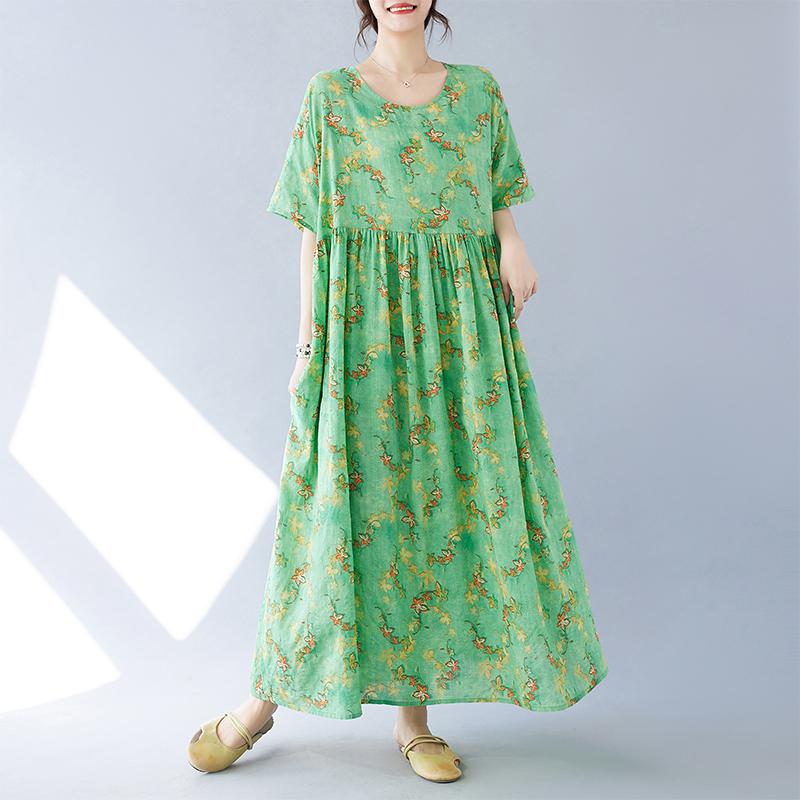 

DIMANAF Женское платье больших размеров 2024, новое летнее стильное платье с круглым вырезом и цветочным принтом, зеленое льняное базовое платье 1095