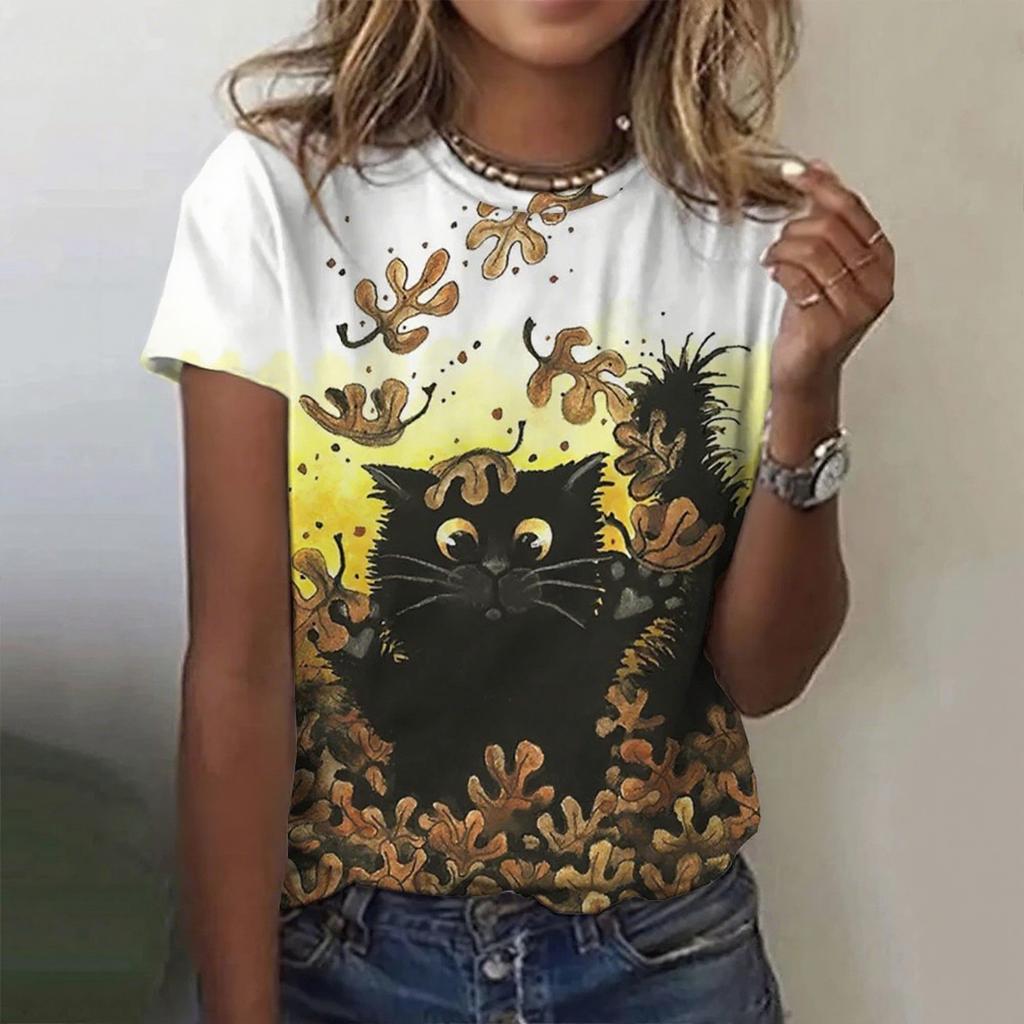 Summer Round Neck 3D Print Kawaii Cat Top Fashionable Casual Short Sleeved Women's T-shirts