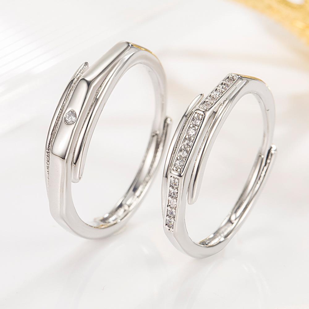 2Pcs Open Couple Rings for Women Men Trendy Zircon Matching Finger Rings Set Friendship Engagement Wedding  Gift