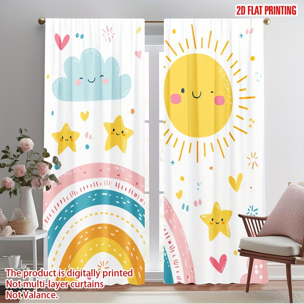 Cute Sun Rainbow Cloud Star Printed Curtains Set of 2 for Kids Room Bedroom Window Treatment Digital Print Blackout