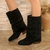 2025 New Trouser Boots Women's Winter Plus Size Coarse Heel Sleeve Pleated Stacked Boots
