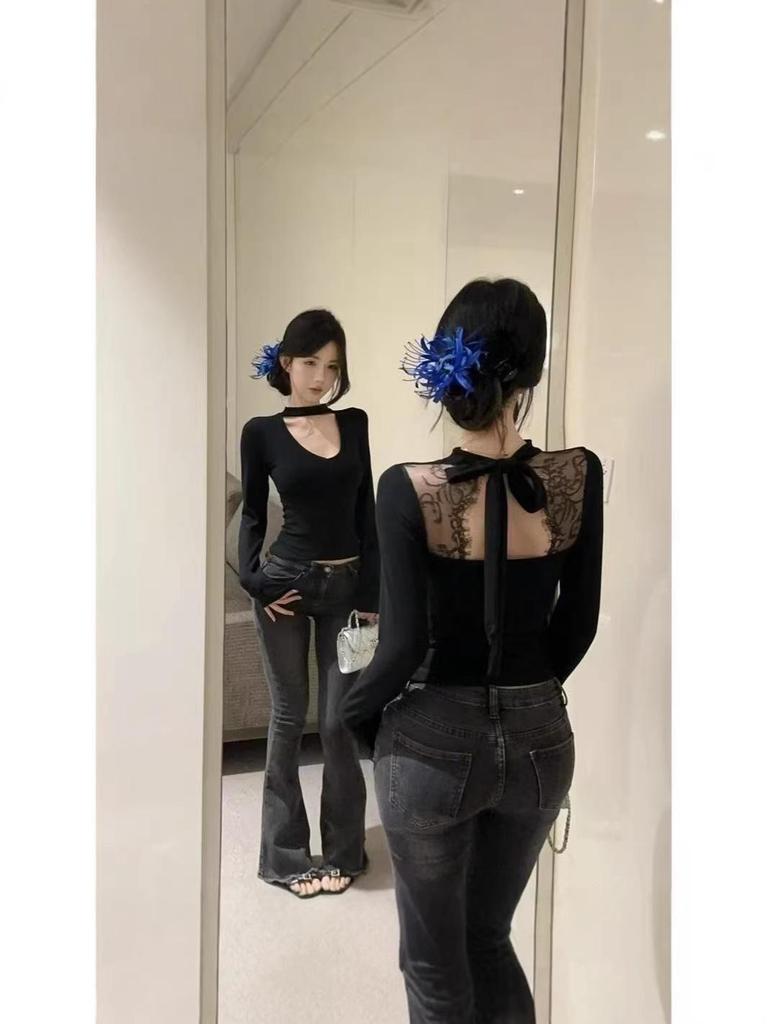 Backless Lace Long Sleeve Thermal T-shirt: 2025 Autumn/Winter Versatile Fleece Solid Color