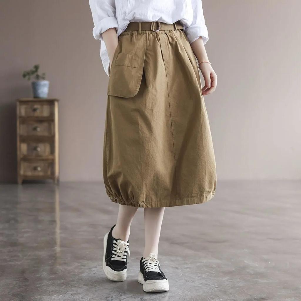 Spódnica Retro Literary Large Size Loose High Waist Cotton Solid Color