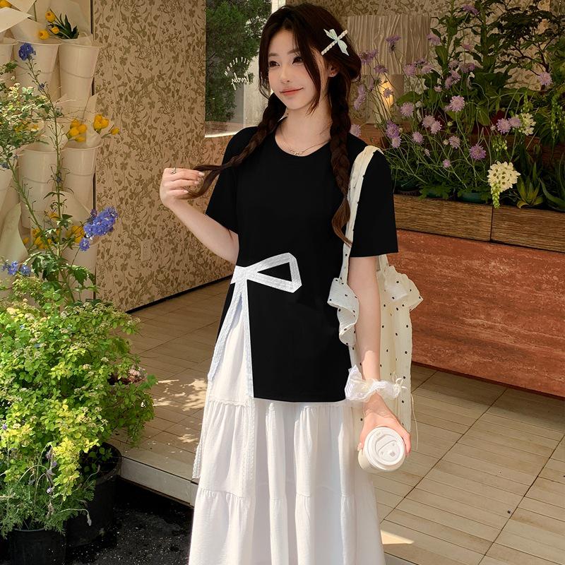 Summer 2026 Slimming Lace Bowknot T-shirt & Cake Skirt Set M
