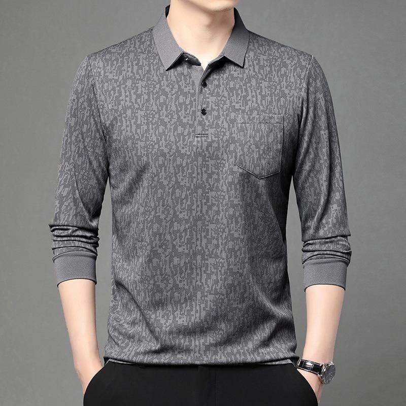 Mens Long Sleeve Jacquard Polo Shirt Business Casual Spring Autumn Top
