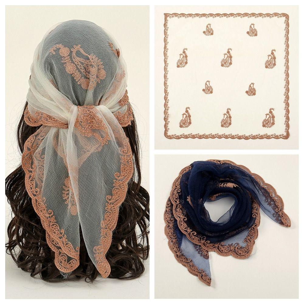 Hollow Out Foulard Bandana Floral Embroidery Lace Handkerchiefs Elegant Hair Scarf Headband  Women
