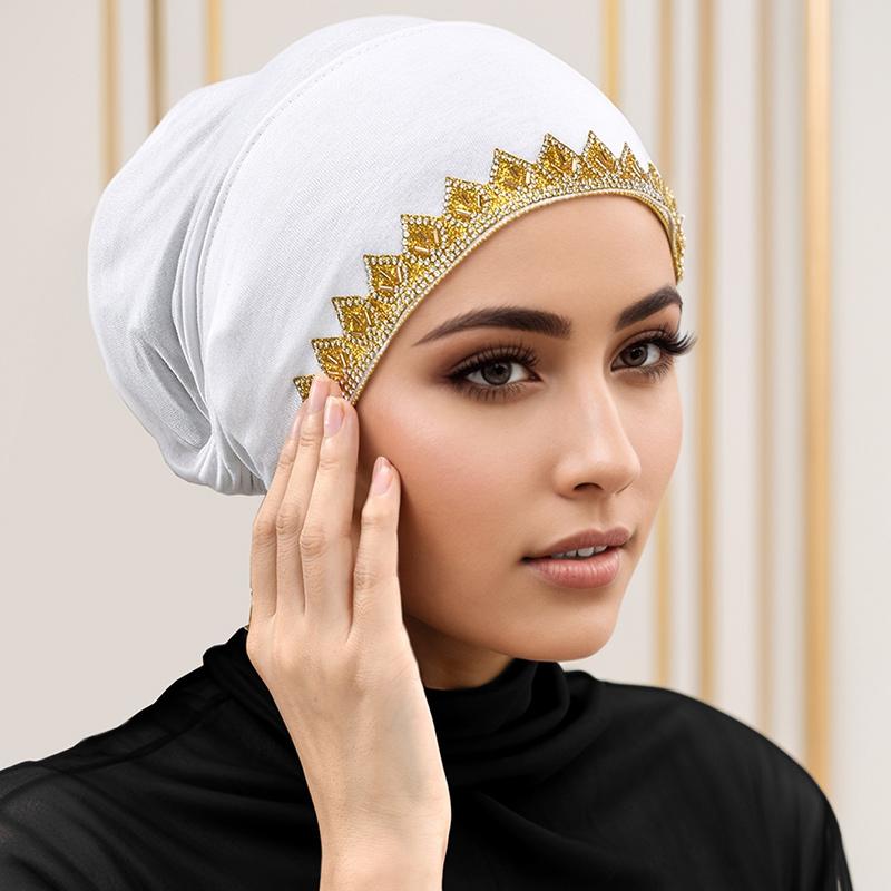 Shiny Golden Rhinestone Caps Women Elasticity Tie Back Caps Muslim Inner Hijabs Turban Leaf Hot Stamping Diamond Undercap Jersey