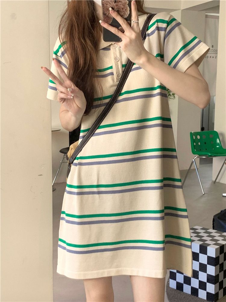 Champion rainbow polo collar loose striped knitted skirt women's summer 2026 new Korean age-reducing short-sleeved dress