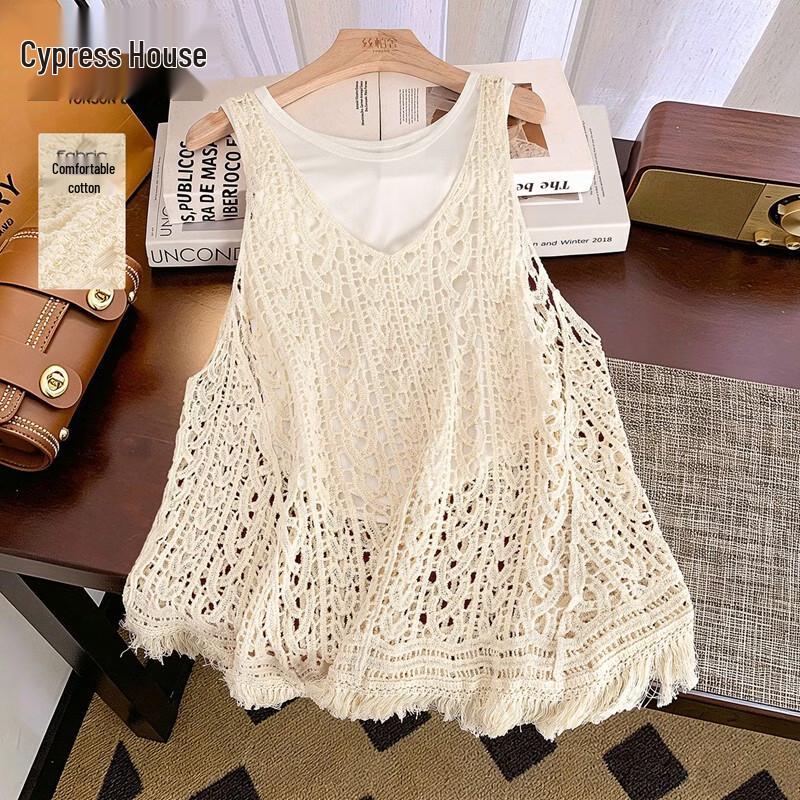 Women s Pure Cotton Hollow Out Tassel Hem Vest Top One Size