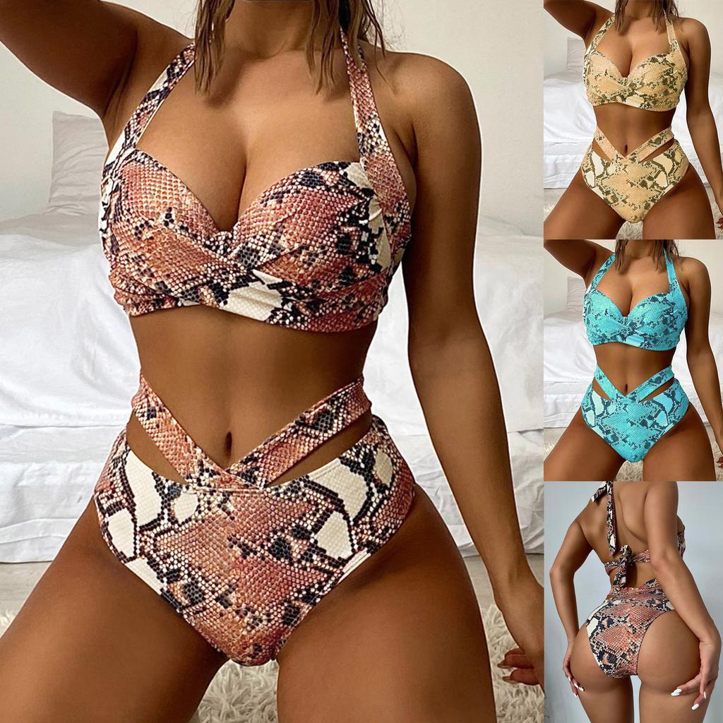 

Сексуальная змеиная кожа Бикини Halter Ruched Wrap Передняя крест Высокая талия Купальник Купальники Женщины Две части Бикини Комплект Купальник Костюм