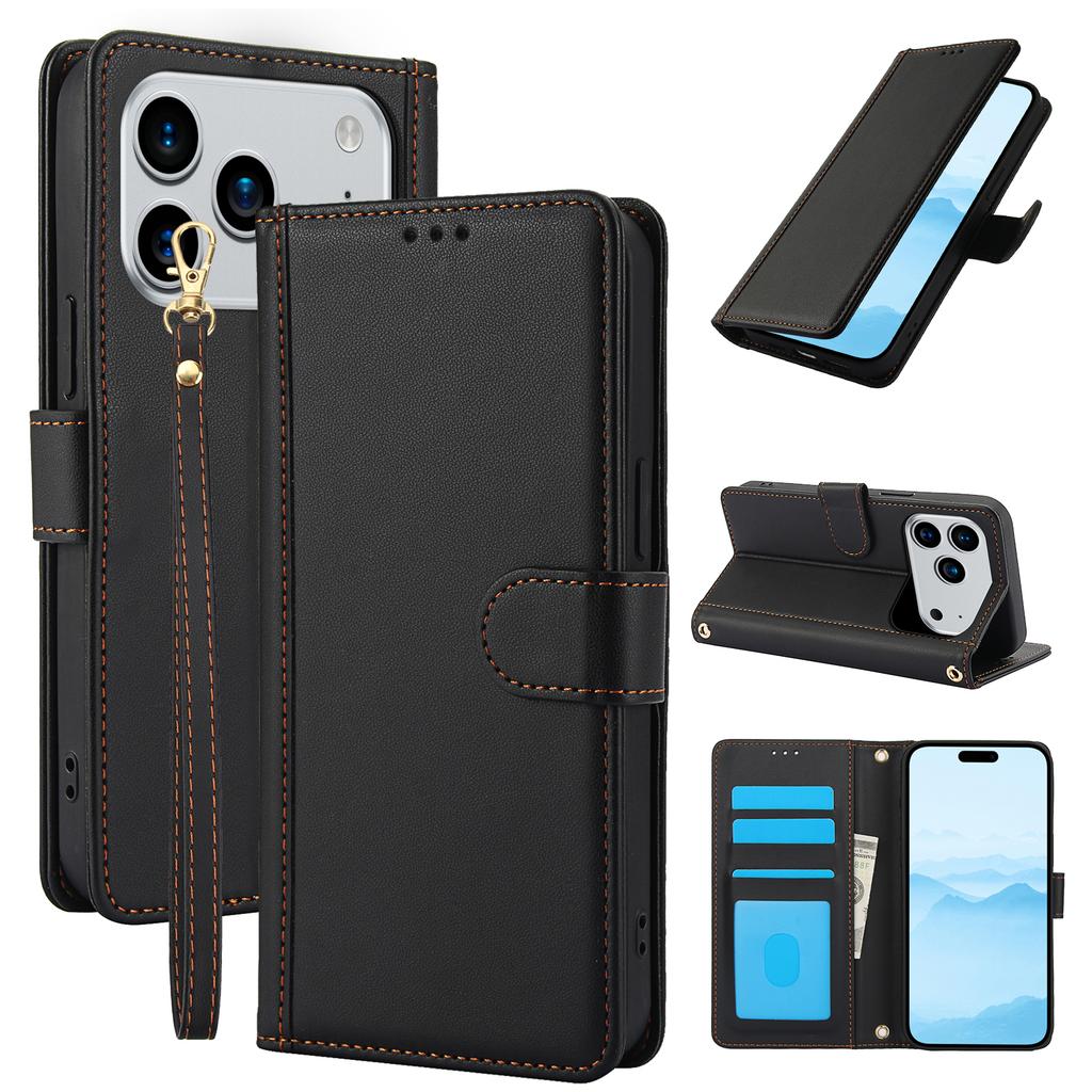 For iPhone 17 Pro Max Case PU Leather Stand View Phone Wallet Cover with Hand Strap