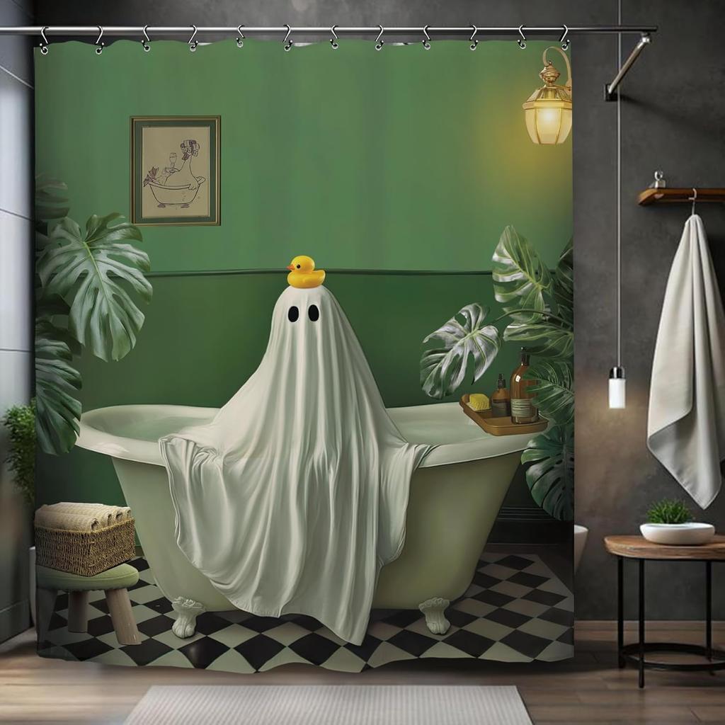 Halloween Pumpkin Ghost Shower Curtain Mouse Head Pumpkin Skull Kids Boys Holiday Scary Horror Spooky Bathroom Set Accessories